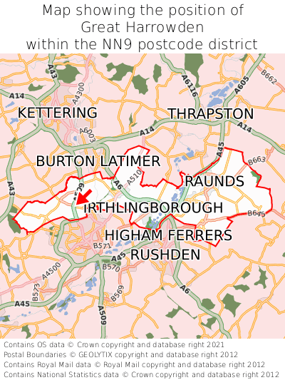 Map showing location of Great Harrowden within NN9
