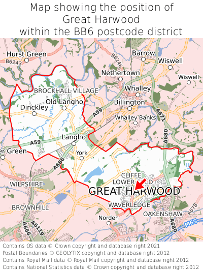 Map showing location of Great Harwood within BB6