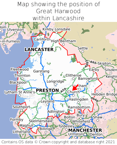 Map showing location of Great Harwood within Lancashire