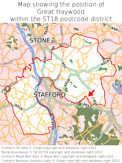 Map showing location of Great Haywood within ST18
