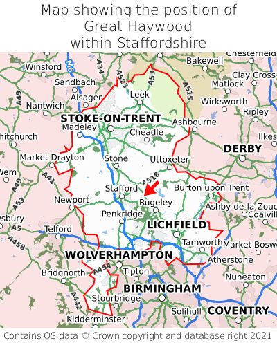 Map showing location of Great Haywood within Staffordshire