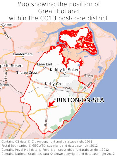 Map showing location of Great Holland within CO13