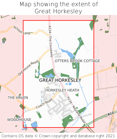 Map showing extent of Great Horkesley as bounding box