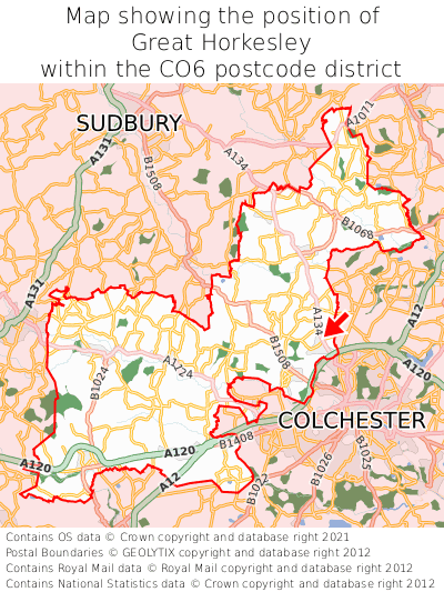 Map showing location of Great Horkesley within CO6