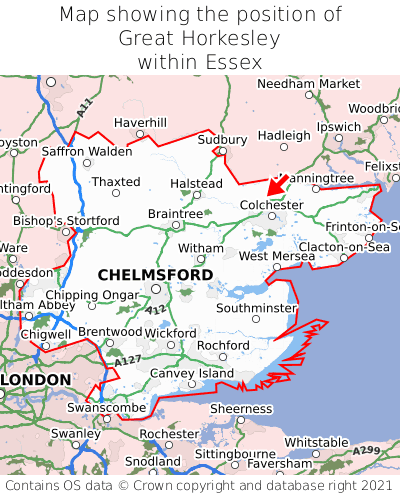 Map showing location of Great Horkesley within Essex
