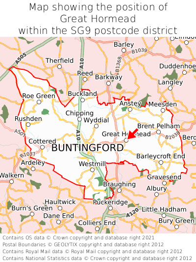 Map showing location of Great Hormead within SG9