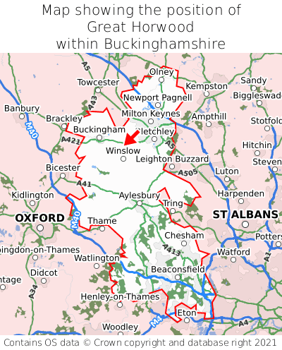 Map showing location of Great Horwood within Buckinghamshire