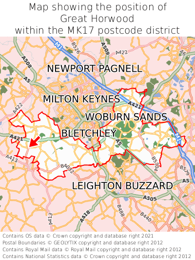 Map showing location of Great Horwood within MK17