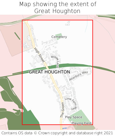 Map showing extent of Great Houghton as bounding box