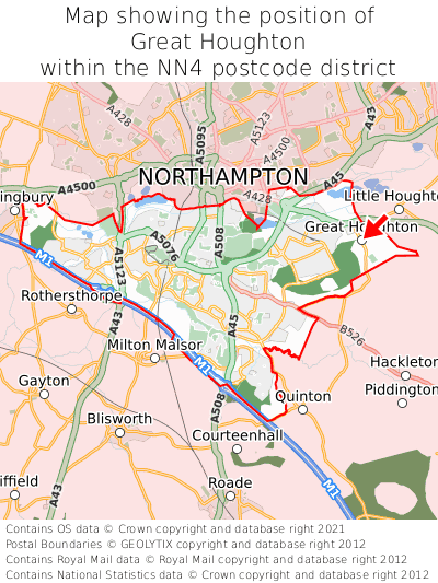 Map showing location of Great Houghton within NN4