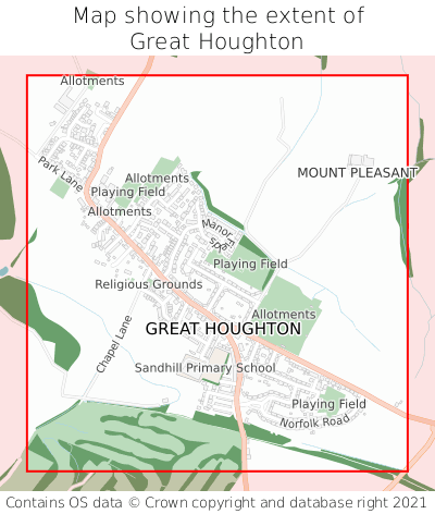 Map showing extent of Great Houghton as bounding box