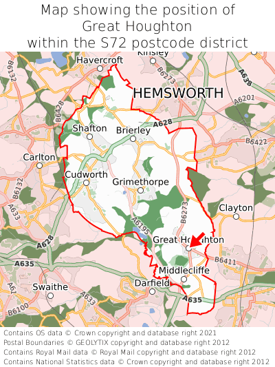 Map showing location of Great Houghton within S72