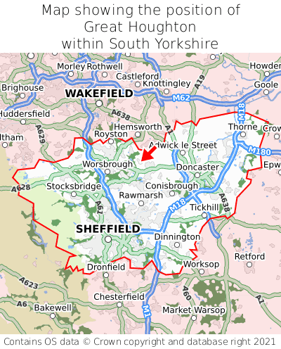Map showing location of Great Houghton within South Yorkshire