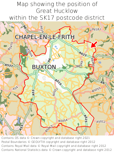 Map showing location of Great Hucklow within SK17
