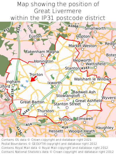 Map showing location of Great Livermere within IP31