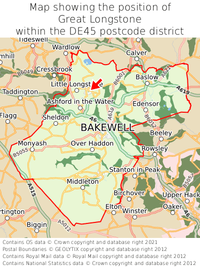 Map showing location of Great Longstone within DE45