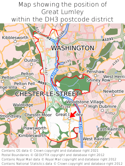 Map showing location of Great Lumley within DH3