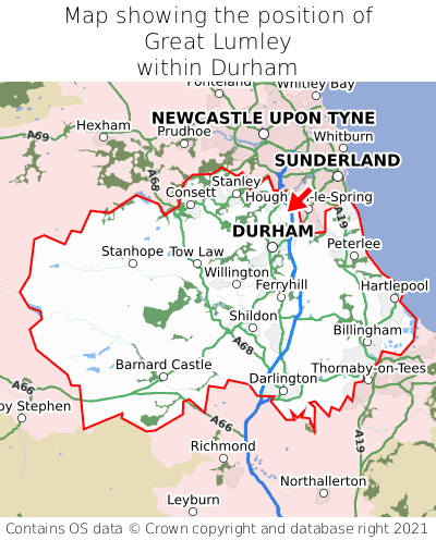 Map showing location of Great Lumley within Durham