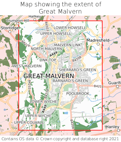 Map showing extent of Great Malvern as bounding box