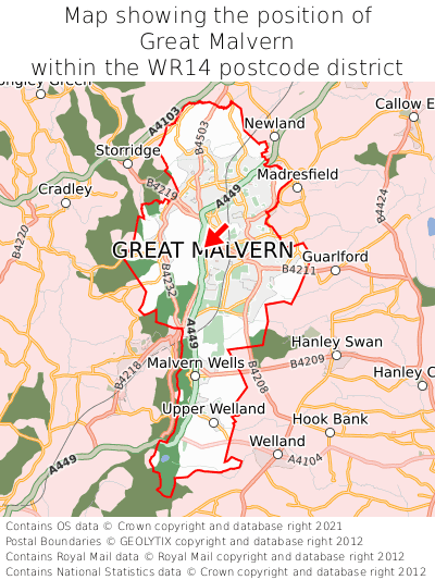 Map showing location of Great Malvern within WR14