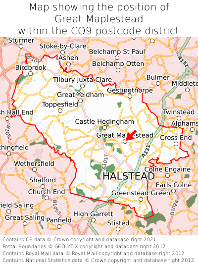 Map showing location of Great Maplestead within CO9