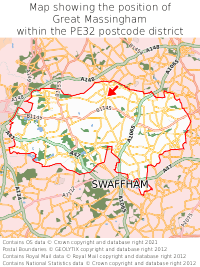 Map showing location of Great Massingham within PE32