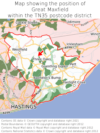 Map showing location of Great Maxfield within TN35