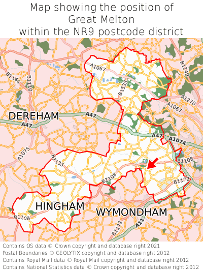 Map showing location of Great Melton within NR9