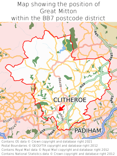 Map showing location of Great Mitton within BB7