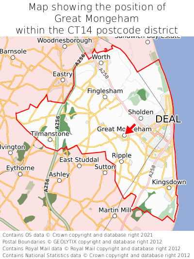 Map showing location of Great Mongeham within CT14