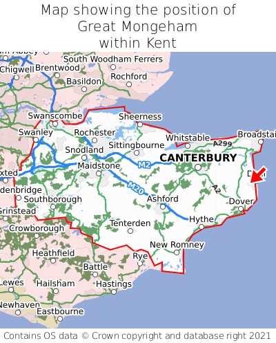 Map showing location of Great Mongeham within Kent
