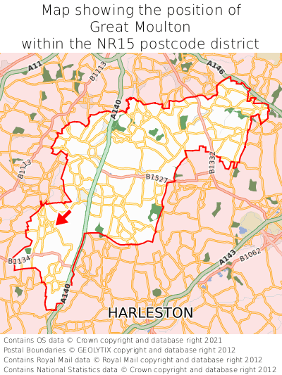 Map showing location of Great Moulton within NR15
