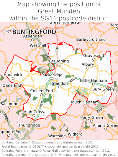 Map showing location of Great Munden within SG11