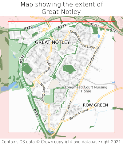 Map showing extent of Great Notley as bounding box