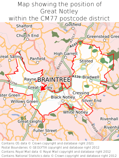 Map showing location of Great Notley within CM77