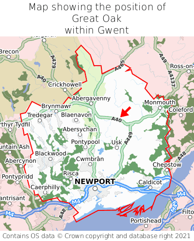 Map showing location of Great Oak within Gwent