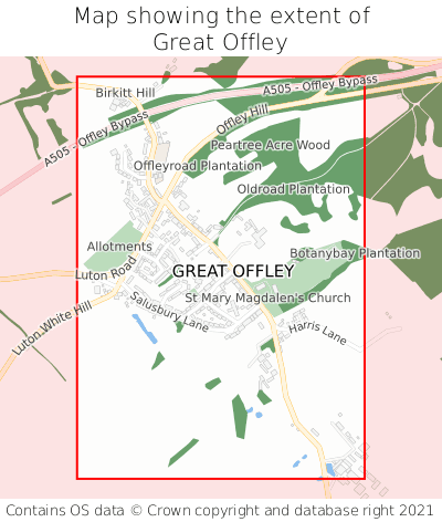 Map showing extent of Great Offley as bounding box