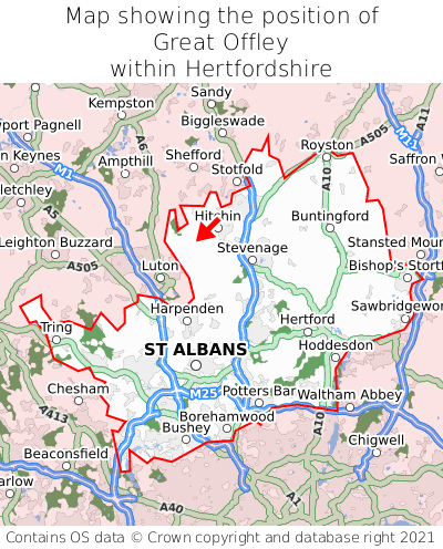 Map showing location of Great Offley within Hertfordshire