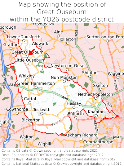 Map showing location of Great Ouseburn within YO26