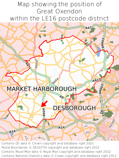 Map showing location of Great Oxendon within LE16