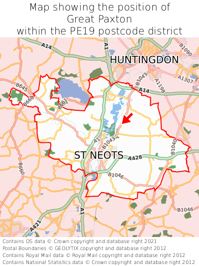 Map showing location of Great Paxton within PE19