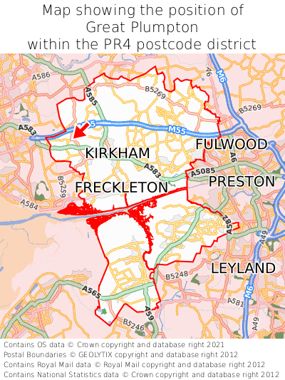 Map showing location of Great Plumpton within PR4