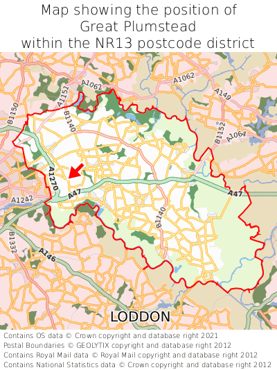 Map showing location of Great Plumstead within NR13