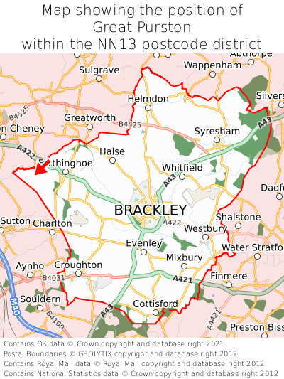 Map showing location of Great Purston within NN13