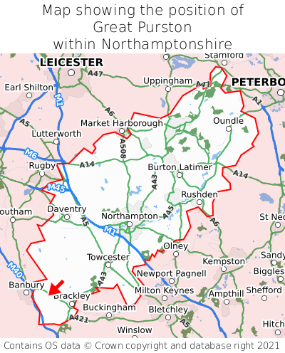 Map showing location of Great Purston within Northamptonshire