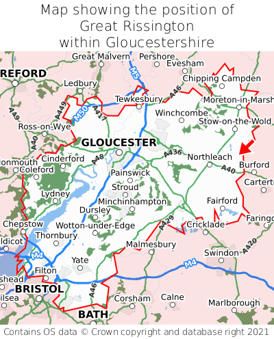 Map showing location of Great Rissington within Gloucestershire