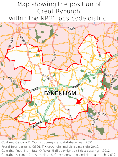 Map showing location of Great Ryburgh within NR21