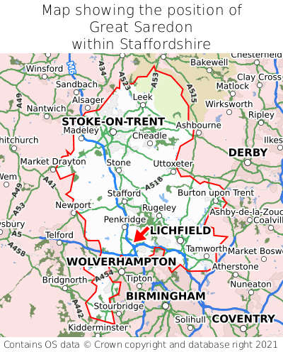 Map showing location of Great Saredon within Staffordshire
