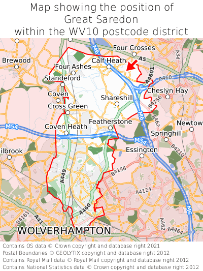 Map showing location of Great Saredon within WV10