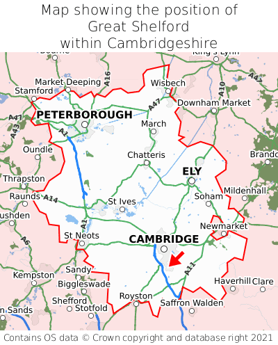 Map showing location of Great Shelford within Cambridgeshire